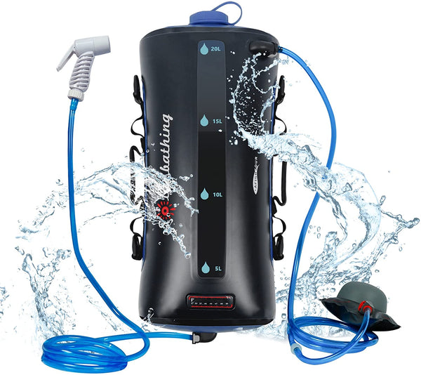 AFISHTOUR 20L/5.4 Gallons  Outside Waterproof Solar  Portable Camping Shower Bag with Pressure Foot Pump and Shower Nozzle